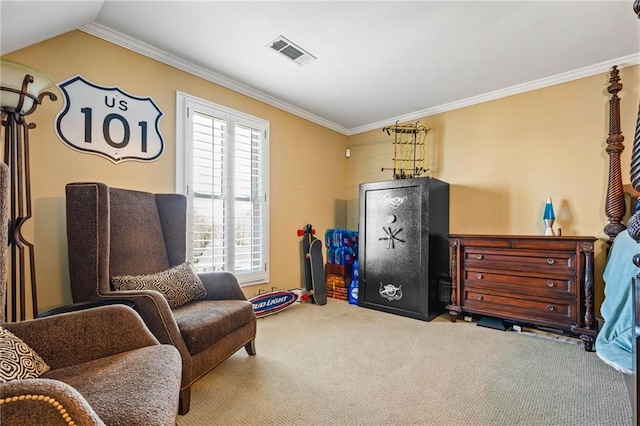 living area with visible vents, crown molding, carpet, and vaulted ceiling