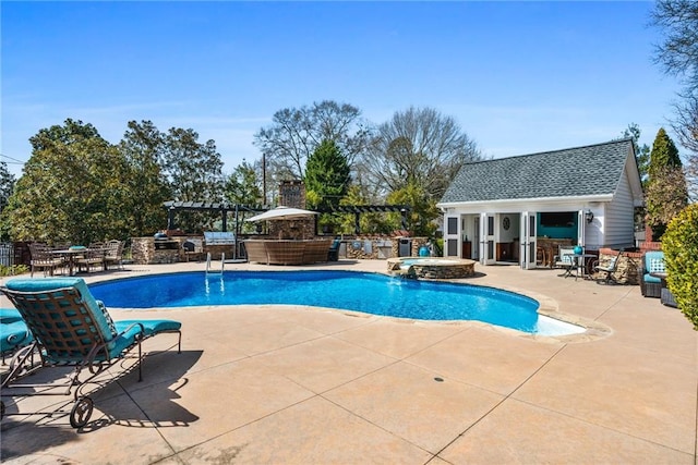 view of pool featuring an exterior structure, fence, a patio area, an outbuilding, and a pergola