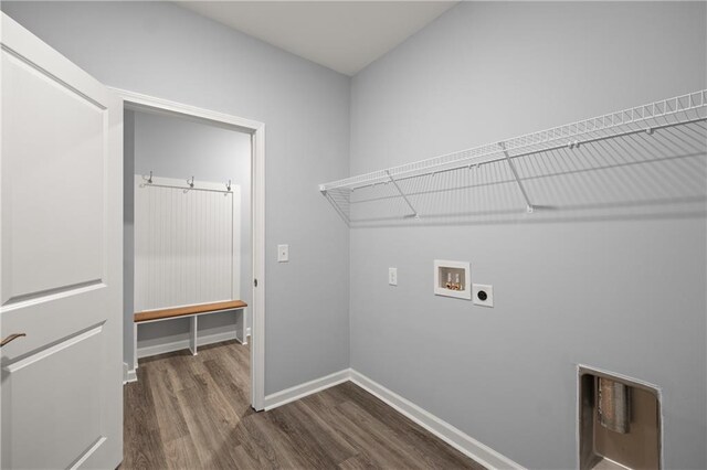 526 Wilbanks Rd, Alto, GA 30510 - clothes washing area with dark wood finished floors, baseboards, washer hookup, electric dryer hookup, and laundry area