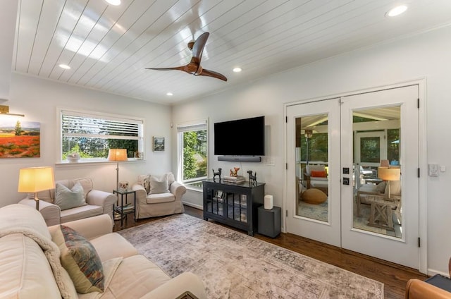 522 Trabert Ave NW, Atlanta, GA 30309 - living room featuring french doors, a ceiling fan, wood finished floors, and recessed lighting