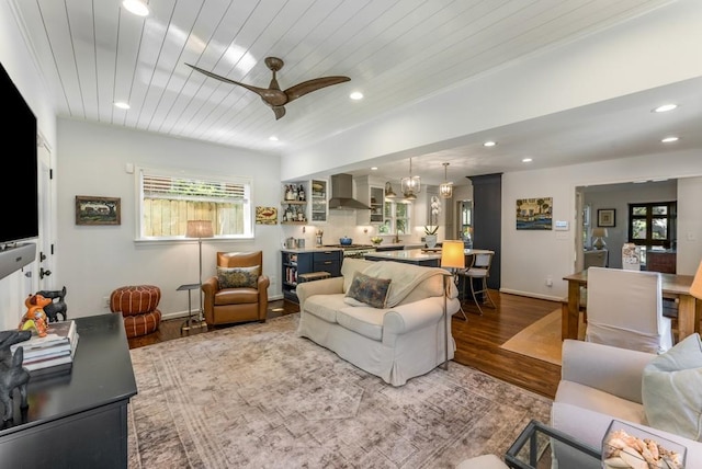 522 Trabert Ave NW, Atlanta, GA 30309 - living room featuring wood finished floors, a ceiling fan, recessed lighting, and wooden ceiling