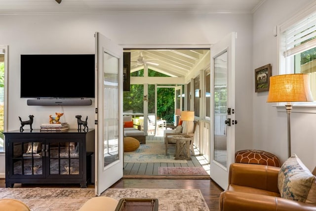 522 Trabert Ave NW, Atlanta, GA 30309 - living room featuring wood finished floors, a ceiling fan, french doors, crown molding, and lofted ceiling
