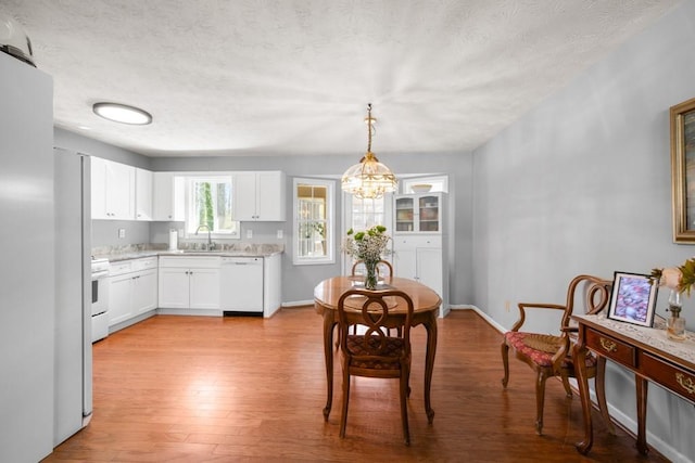 dining room featuring light wood-type flooring, baseboards, and a textured ceiling