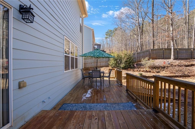 wooden deck featuring outdoor dining space and a fenced backyard