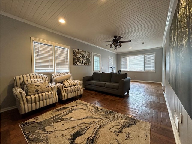 5862 Kitchens Rd SE, Mableton, GA 30126 - living room with crown molding, ceiling fan, dark parquet flooring, and wooden ceiling