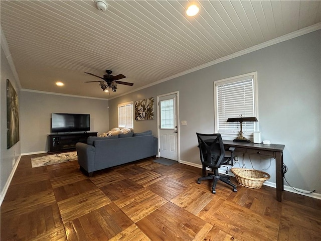 5862 Kitchens Rd SE, Mableton, GA 30126 - living room with dark wood-type flooring, ornamental molding, and ceiling fan