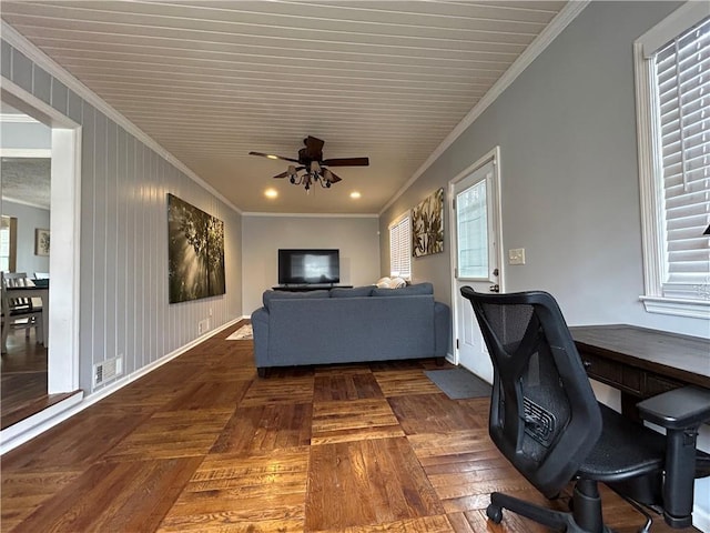 5862 Kitchens Rd SE, Mableton, GA 30126 - living room featuring ornamental molding, dark parquet floors, and ceiling fan
