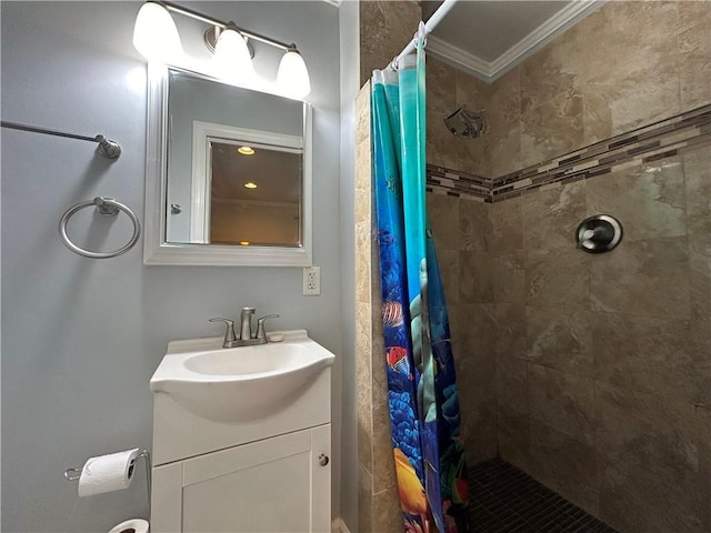 5862 Kitchens Rd SE, Mableton, GA 30126 - bathroom with ornamental molding, vanity, and curtained shower