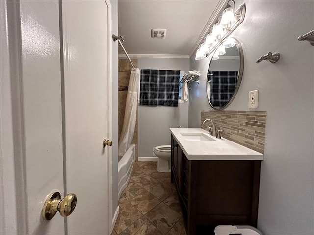 5862 Kitchens Rd SE, Mableton, GA 30126 - full bathroom featuring crown molding, shower / tub combo, vanity, decorative backsplash, and toilet
