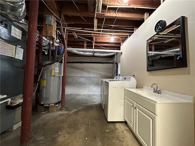 5862 Kitchens Rd SE, Mableton, GA 30126 - basement featuring water heater, sink, and independent washer and dryer