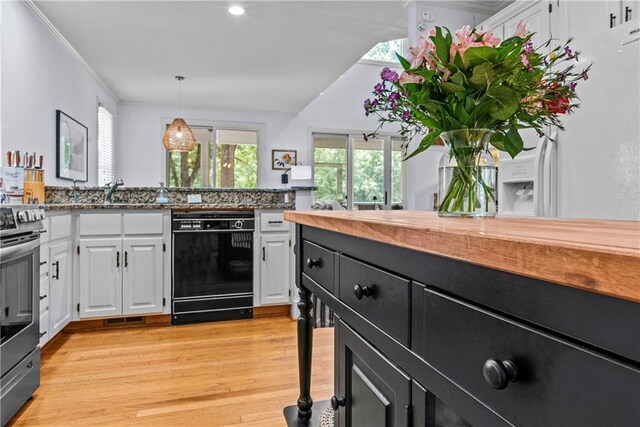 kitchen with stainless steel electric range oven, crown molding, white cabinetry, dishwasher, and light hardwood / wood-style floors