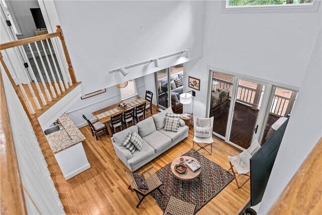 living room with light wood-type flooring, rail lighting, a towering ceiling, and sink