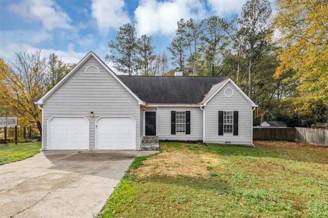 single story home with a garage and a front lawn