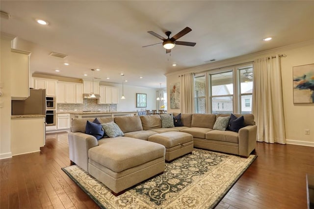 4895 Sterling Close, Buford, GA 30518 - living room featuring ornamental molding, ceiling fan, dark wood-style flooring, and recessed lighting