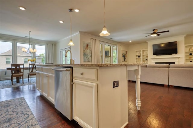 4895 Sterling Close, Buford, GA 30518 - kitchen featuring dishwasher, crown molding, dark wood-style floors, a ceiling fan, and decorative light fixtures