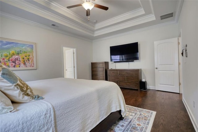 4895 Sterling Close, Buford, GA 30518 - bedroom featuring dark wood-type flooring, crown molding, a raised ceiling, and a ceiling fan