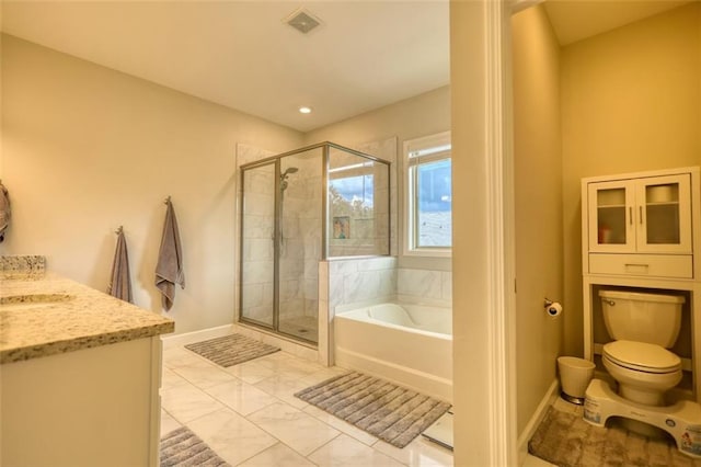 4895 Sterling Close, Buford, GA 30518 - bathroom featuring a bath, a stall shower, vanity, marble finish floors, and recessed lighting