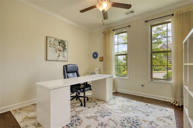 4895 Sterling Close, Buford, GA 30518 - home office featuring ornamental molding, light wood finished floors, and ceiling fan