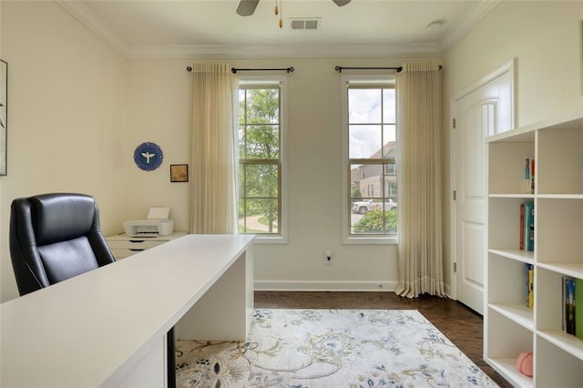 4895 Sterling Close, Buford, GA 30518 - home office with a ceiling fan, crown molding, and wood finished floors