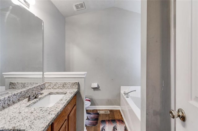 674 Fairview Dr, Dallas, GA 30157 - bathroom featuring baseboards, wood finished floors, vanity, a garden tub, and lofted ceiling