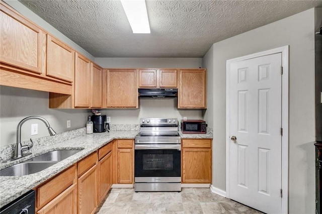 674 Fairview Dr, Dallas, GA 30157 - kitchen featuring stainless steel electric range, a sink, under cabinet range hood, light stone counters, and dishwasher