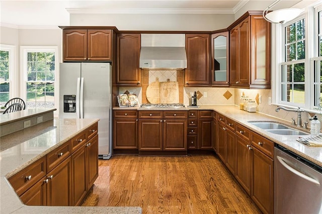 kitchen with sink, appliances with stainless steel finishes, wood-type flooring, a wealth of natural light, and wall chimney exhaust hood