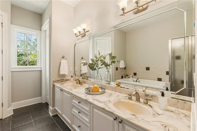 bathroom featuring plus walk in shower, dual sinks, tile flooring, and large vanity