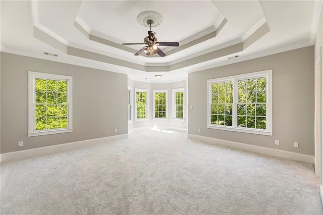 carpeted spare room featuring crown molding, a tray ceiling, and ceiling fan