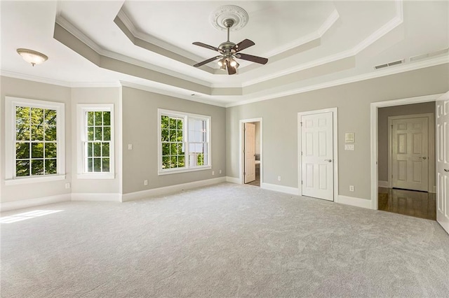 unfurnished room featuring a raised ceiling, ceiling fan, and crown molding