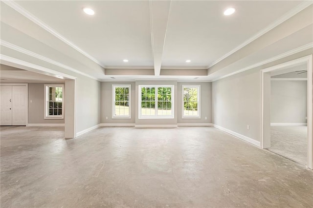 unfurnished living room with beam ceiling and ornamental molding