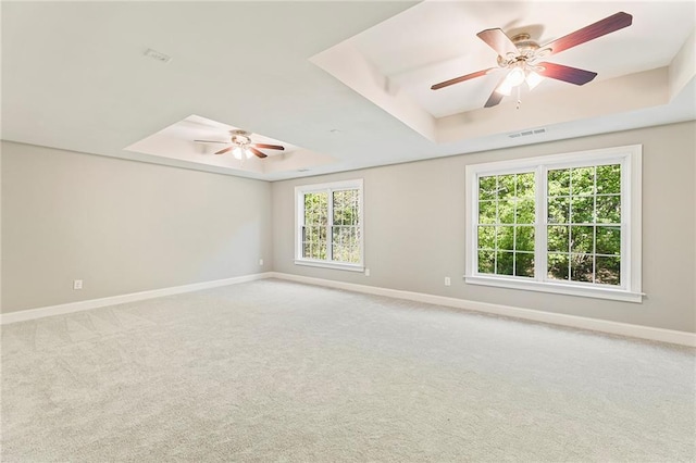 unfurnished room with light carpet, plenty of natural light, a raised ceiling, and ceiling fan