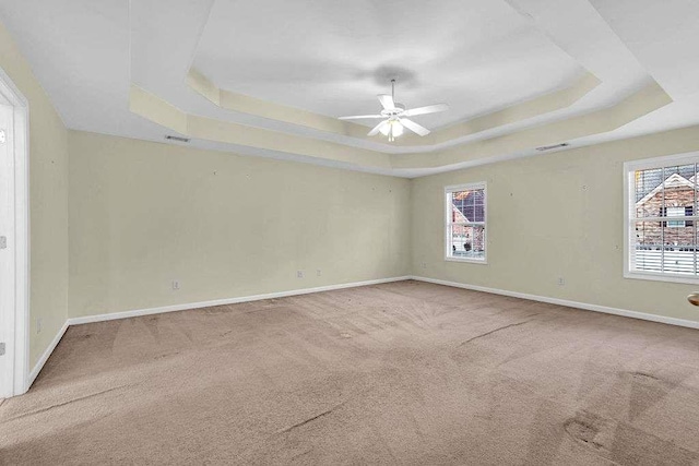 empty room featuring light colored carpet, a wealth of natural light, and a tray ceiling