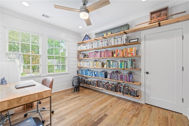 313 Sisson Ave NE, Atlanta, GA 30317 - home office with ceiling fan, light wood finished floors, and recessed lighting