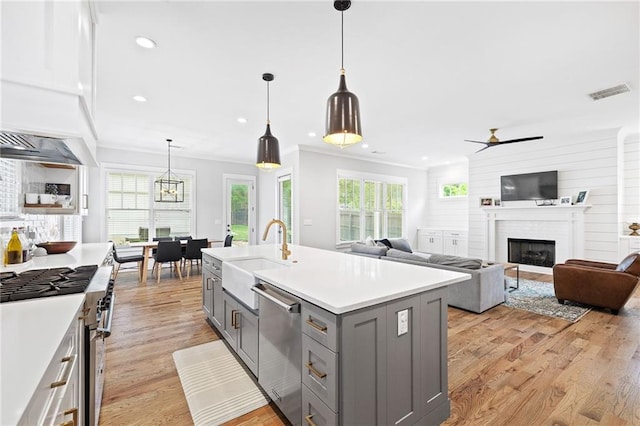 313 Sisson Ave NE, Atlanta, GA 30317 - kitchen featuring gray cabinets, a sink, appliances with stainless steel finishes, a ceiling fan, and light countertops