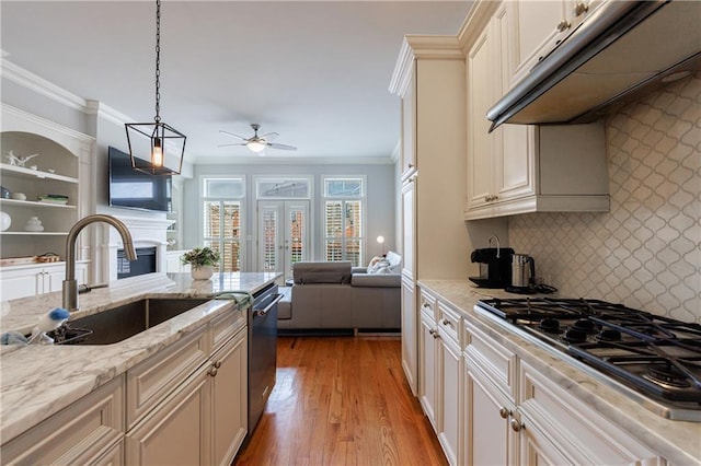 359 Alderwood Ln, Atlanta, GA 30328 - kitchen featuring a sink, crown molding, appliances with stainless steel finishes, a glass covered fireplace, and under cabinet range hood