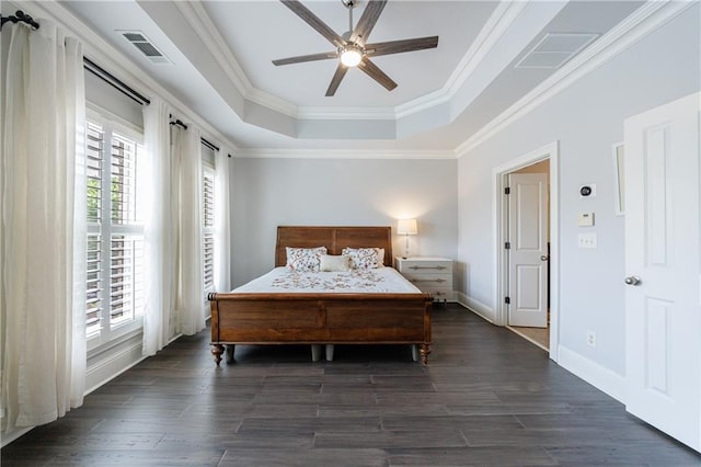 359 Alderwood Ln, Atlanta, GA 30328 - bedroom with a raised ceiling, dark wood-style floors, crown molding, baseboards, and ceiling fan