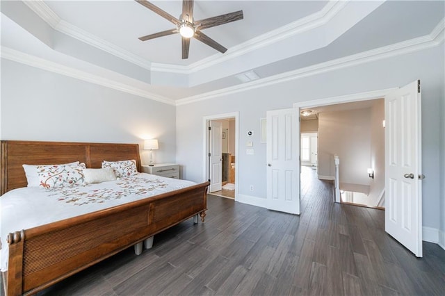 359 Alderwood Ln, Atlanta, GA 30328 - bedroom featuring a tray ceiling, dark wood-style floors, baseboards, crown molding, and ceiling fan
