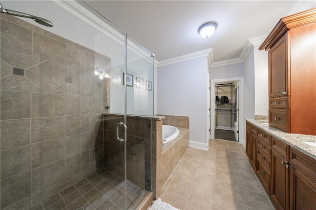 359 Alderwood Ln, Atlanta, GA 30328 - full bathroom with a garden tub, a shower stall, ornamental molding, vanity, and tile patterned flooring