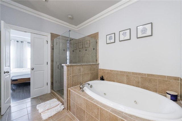 359 Alderwood Ln, Atlanta, GA 30328 - full bathroom featuring ornamental molding, a shower stall, a jetted tub, ensuite bathroom, and tile patterned flooring