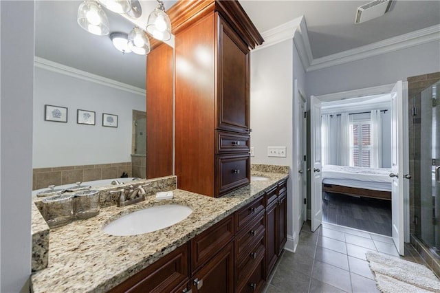 359 Alderwood Ln, Atlanta, GA 30328 - ensuite bathroom with ornamental molding, tile patterned floors, a shower stall, double vanity, and a chandelier
