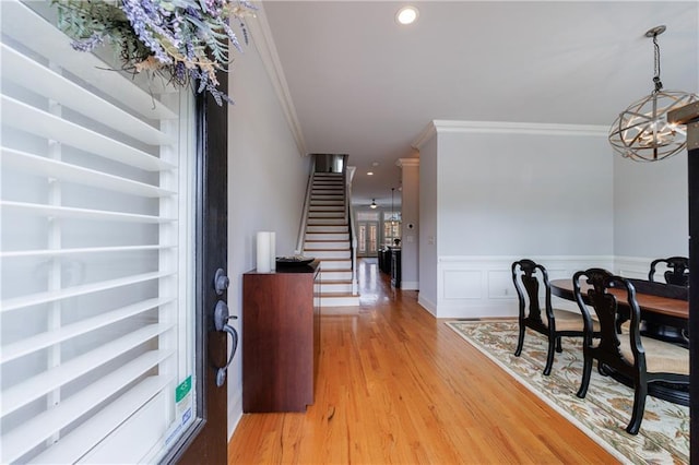 359 Alderwood Ln, Atlanta, GA 30328 - foyer featuring crown molding, stairs, light wood-style floors, a chandelier, and recessed lighting