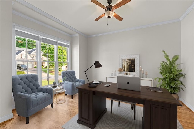 office space with ceiling fan, ornamental molding, baseboards, and light wood finished floors