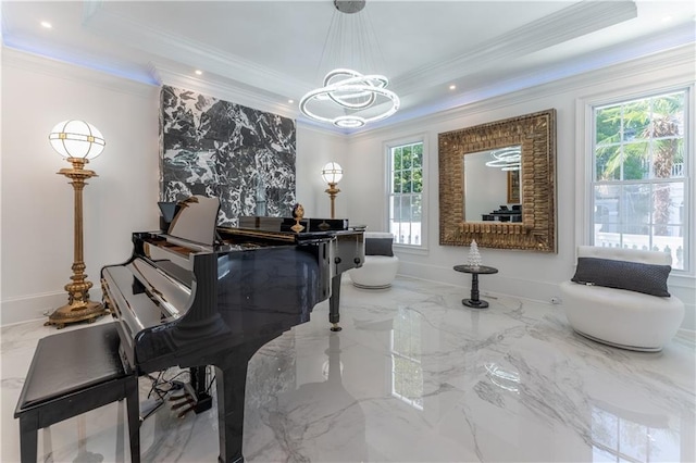 living area featuring an inviting chandelier, a tray ceiling, recessed lighting, ornamental molding, and marble finish floor