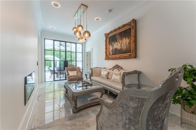 living area with baseboards, a notable chandelier, marble finish floor, and ornamental molding