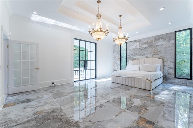 unfurnished bedroom with marble finish floor, a tray ceiling, french doors, crown molding, and a chandelier