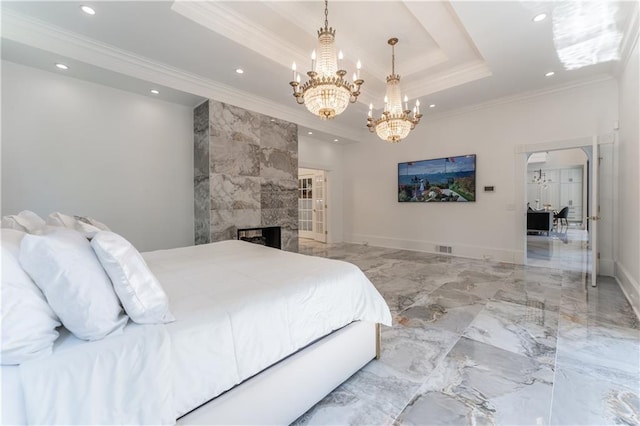 bedroom with baseboards, a tray ceiling, a fireplace, ornamental molding, and marble finish floor