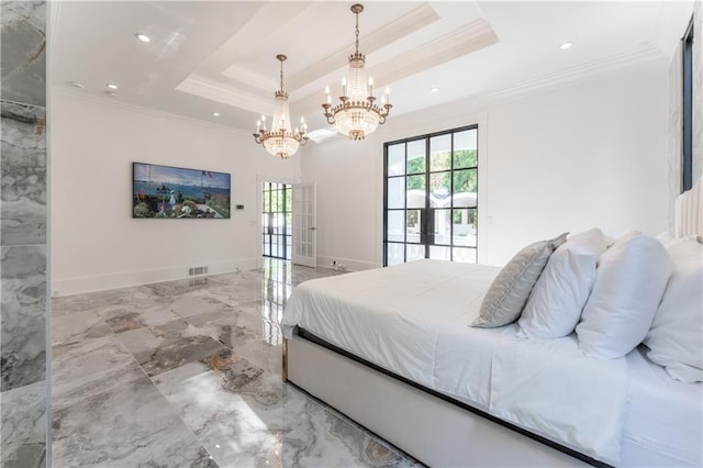 bedroom with baseboards, a chandelier, a tray ceiling, ornamental molding, and marble finish floor