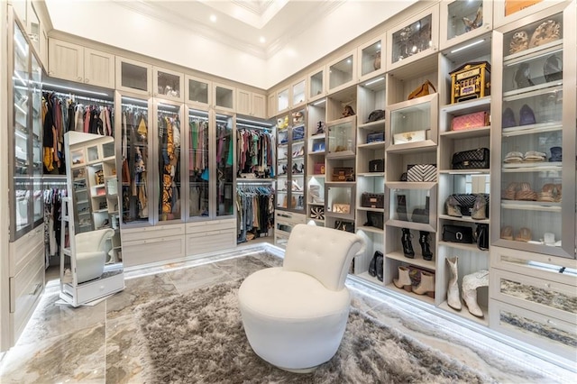 walk in closet with a towering ceiling