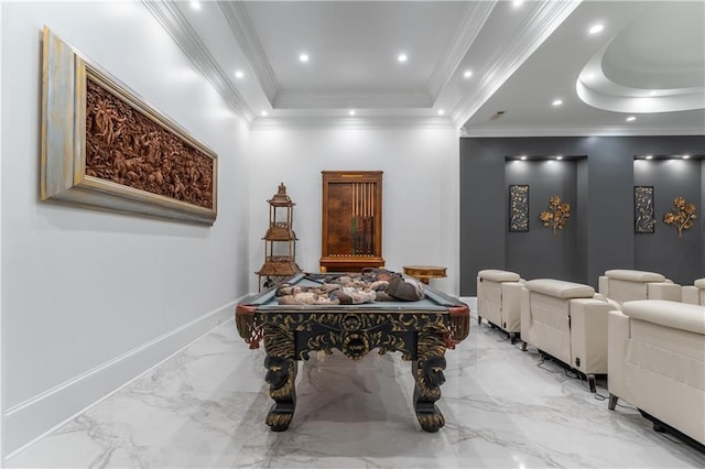 recreation room featuring recessed lighting, marble finish floor, pool table, and a raised ceiling