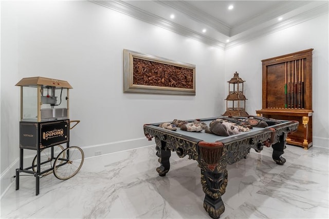 playroom with billiards, baseboards, recessed lighting, crown molding, and marble finish floor